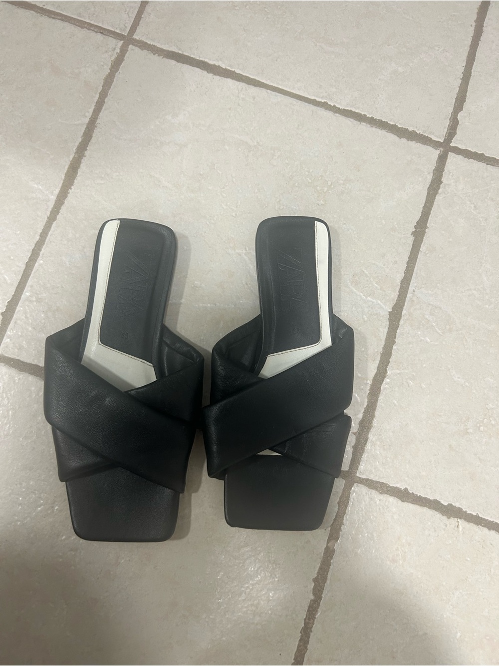 Zara Black Crisscross Leather Slide Sandals for Women